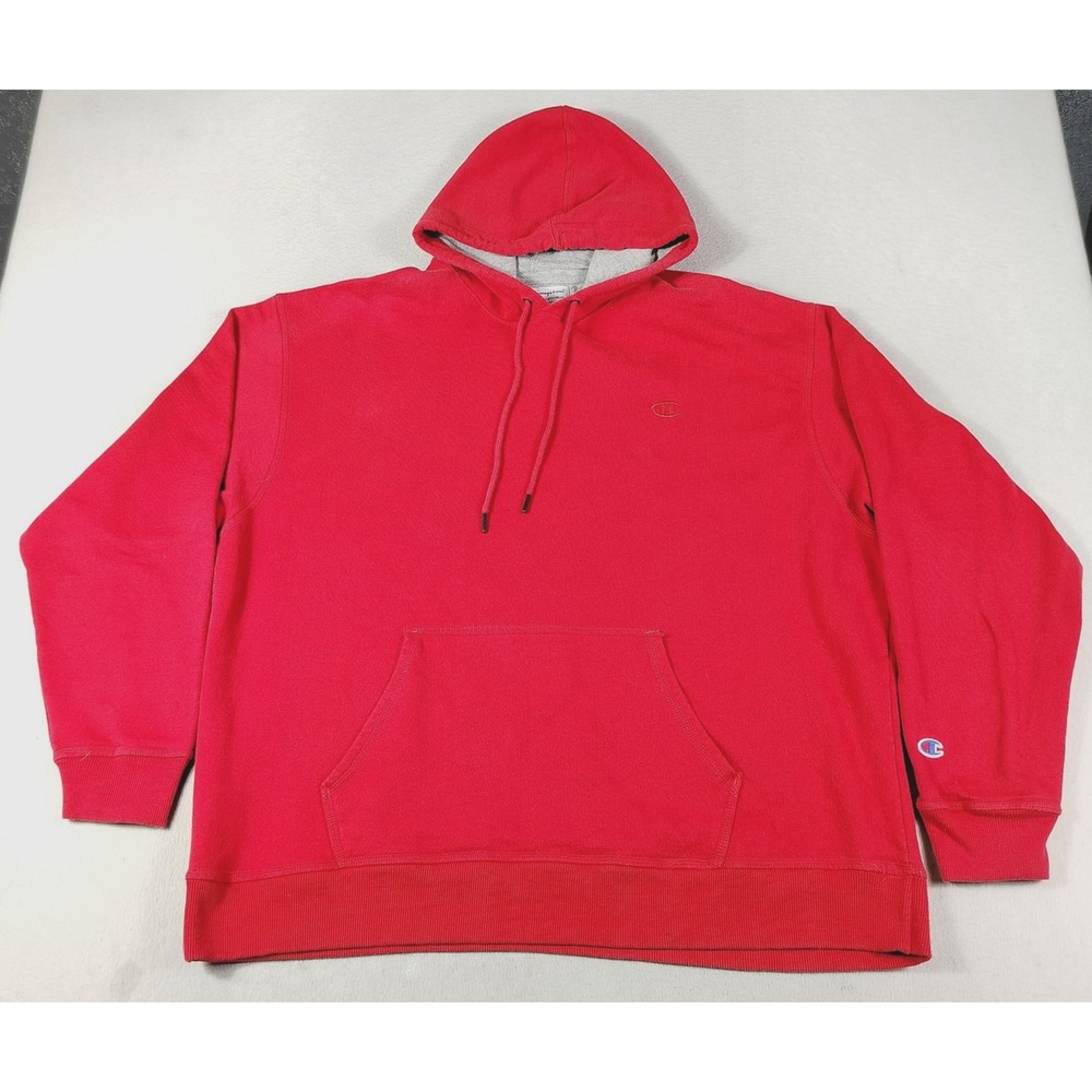 Champion Hoodie Mens 2XL Red Pullover Fleece Sweatshirt Solid Logo Distressed